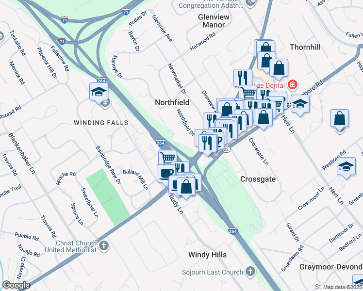 map of restaurants, bars, coffee shops, grocery stores, and more near 5900 Hunting Road in Northfield