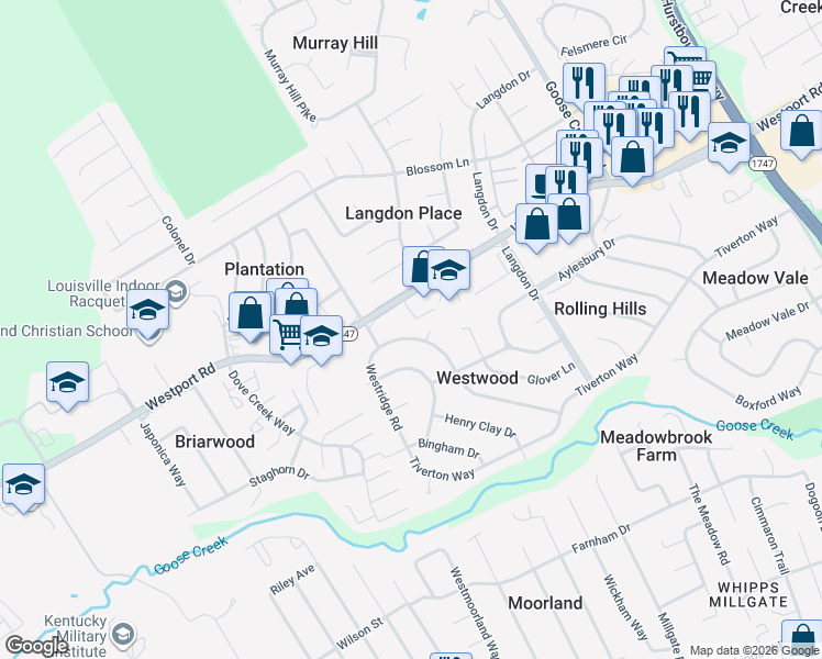 map of restaurants, bars, coffee shops, grocery stores, and more near 9007 Trentham Lane in Louisville