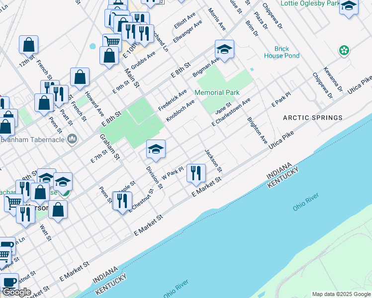 map of restaurants, bars, coffee shops, grocery stores, and more near 419 Main Street in Jeffersonville