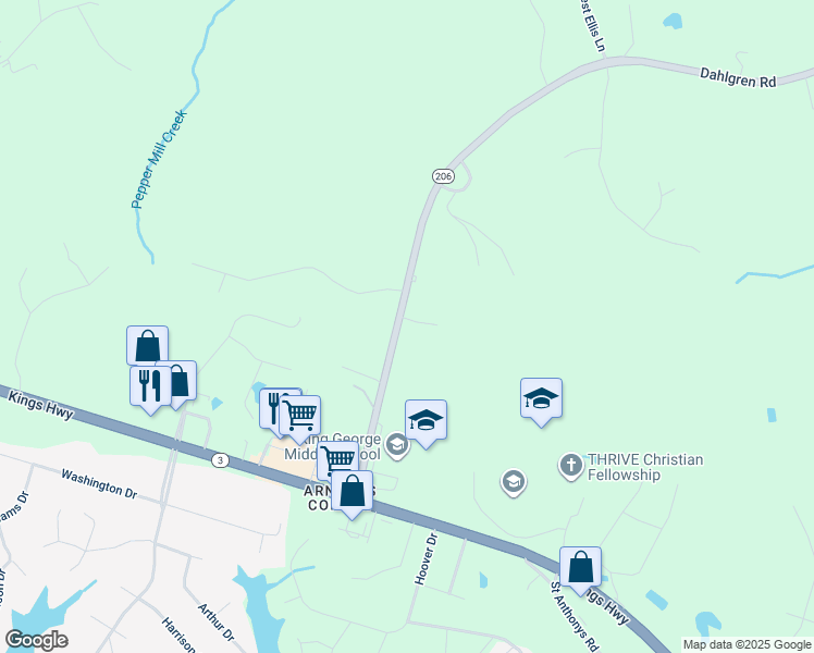 map of restaurants, bars, coffee shops, grocery stores, and more near 8394 Dahlgren Road in King George