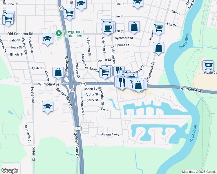 map of restaurants, bars, coffee shops, grocery stores, and more near 27 Bridgegate Way in Napa
