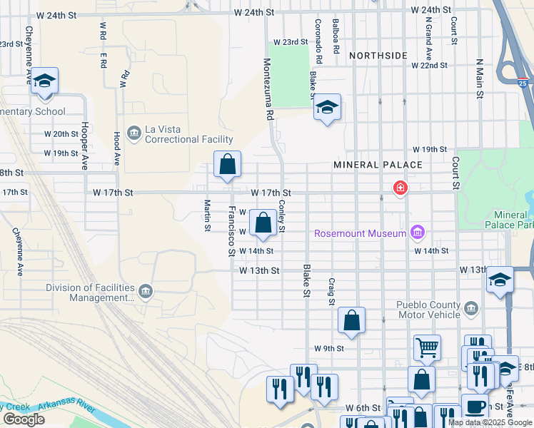 map of restaurants, bars, coffee shops, grocery stores, and more near 1016 West 16th Street in Pueblo