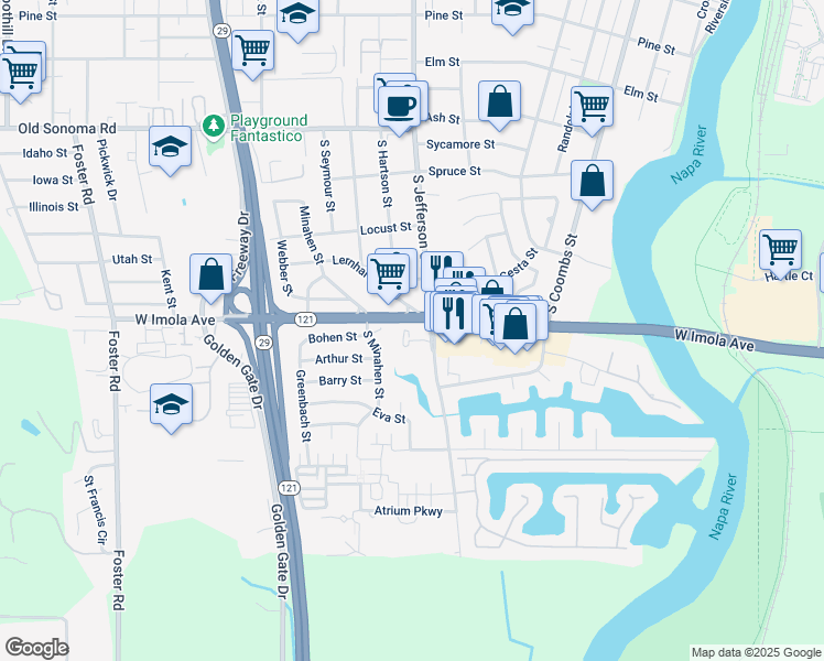 map of restaurants, bars, coffee shops, grocery stores, and more near 27 Bridgegate Way in Napa