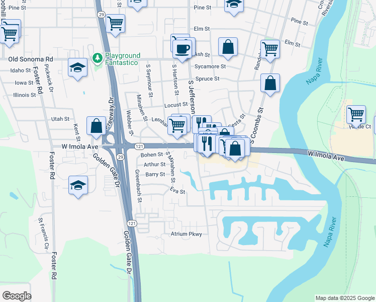 map of restaurants, bars, coffee shops, grocery stores, and more near 27 Bridgegate Way in Napa