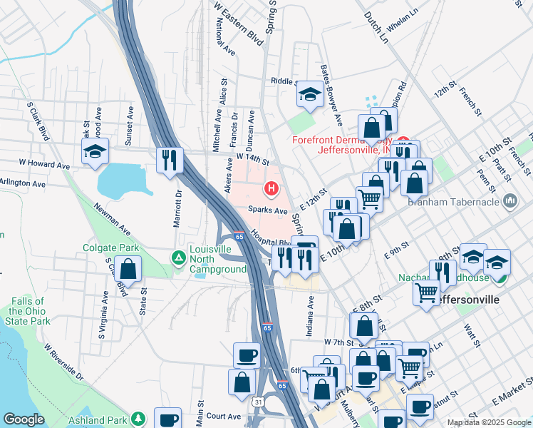 map of restaurants, bars, coffee shops, grocery stores, and more near 209 Sparks Avenue in Jeffersonville