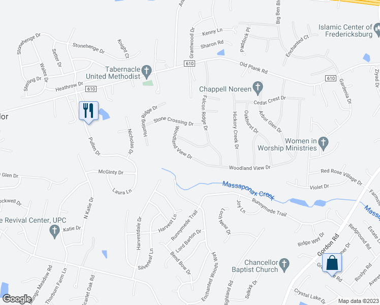 map of restaurants, bars, coffee shops, grocery stores, and more near 11510 Woodland View Drive in Fredericksburg