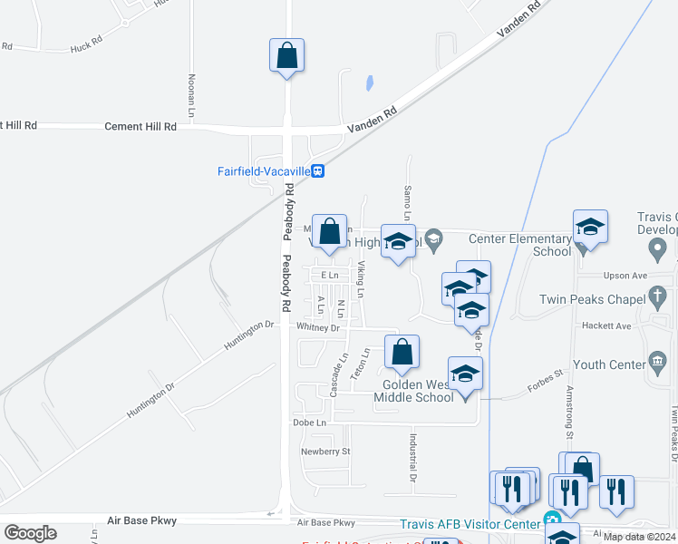 map of restaurants, bars, coffee shops, grocery stores, and more near 3124 Puffin Circle in Fairfield