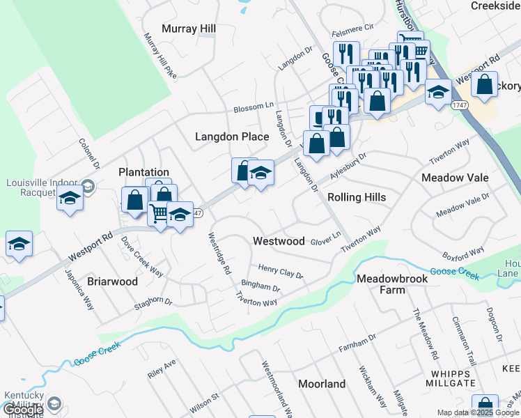 map of restaurants, bars, coffee shops, grocery stores, and more near 9000 Glover Lane in Louisville