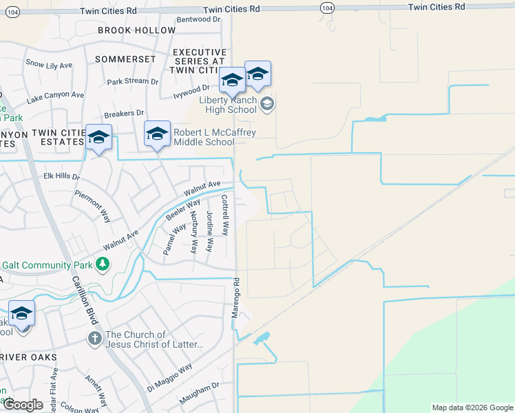 map of restaurants, bars, coffee shops, grocery stores, and more near 13063 Marengo Road in Galt