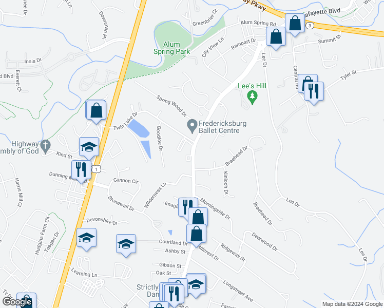 map of restaurants, bars, coffee shops, grocery stores, and more near 1732 Lafayette Boulevard in Fredericksburg