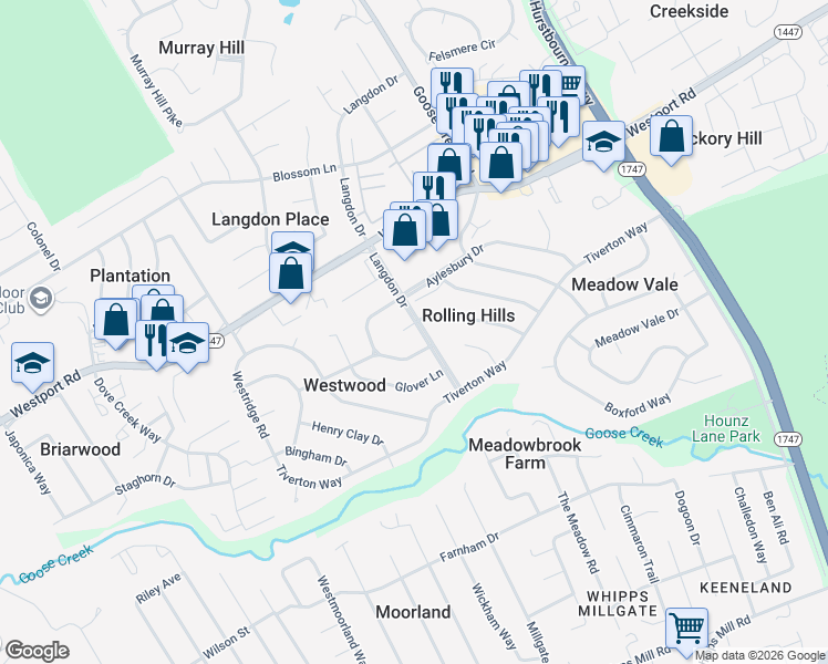 map of restaurants, bars, coffee shops, grocery stores, and more near 9210 Walhampton Drive in Louisville