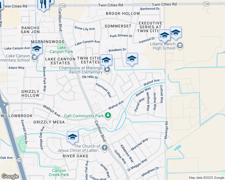 map of restaurants, bars, coffee shops, grocery stores, and more near 1018 Elk Hills Drive in Galt