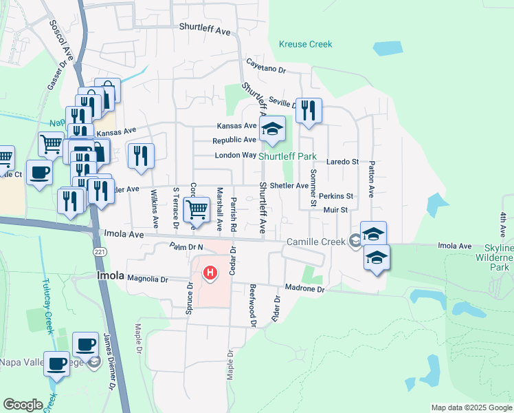 map of restaurants, bars, coffee shops, grocery stores, and more near 2180 Shurtleff Avenue in Napa