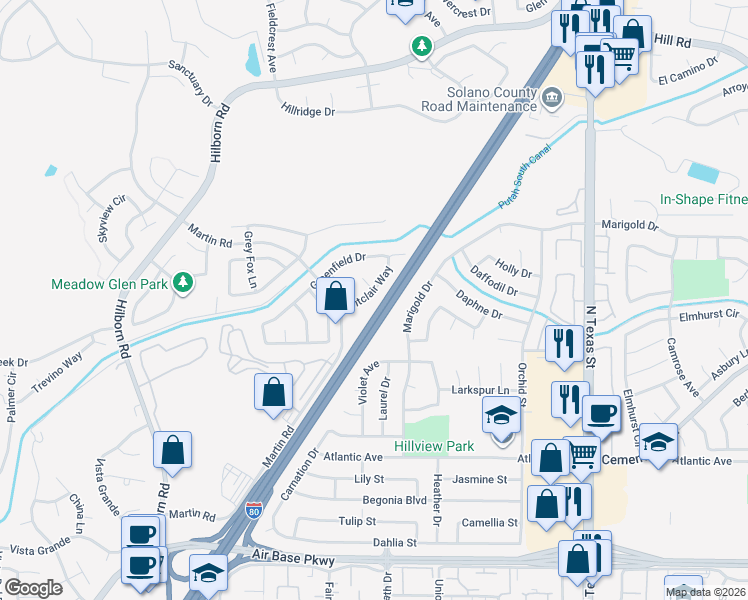 map of restaurants, bars, coffee shops, grocery stores, and more near 2860 Montclair Way in Fairfield