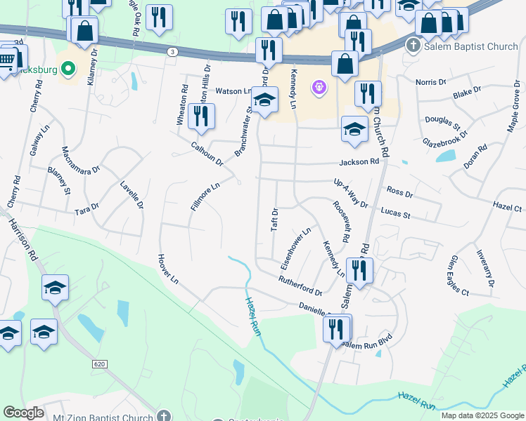 map of restaurants, bars, coffee shops, grocery stores, and more near 11819 Rutherford Drive in Fredericksburg