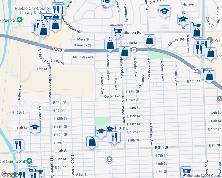 map of restaurants, bars, coffee shops, grocery stores, and more near 1540 North Monument Avenue in Pueblo