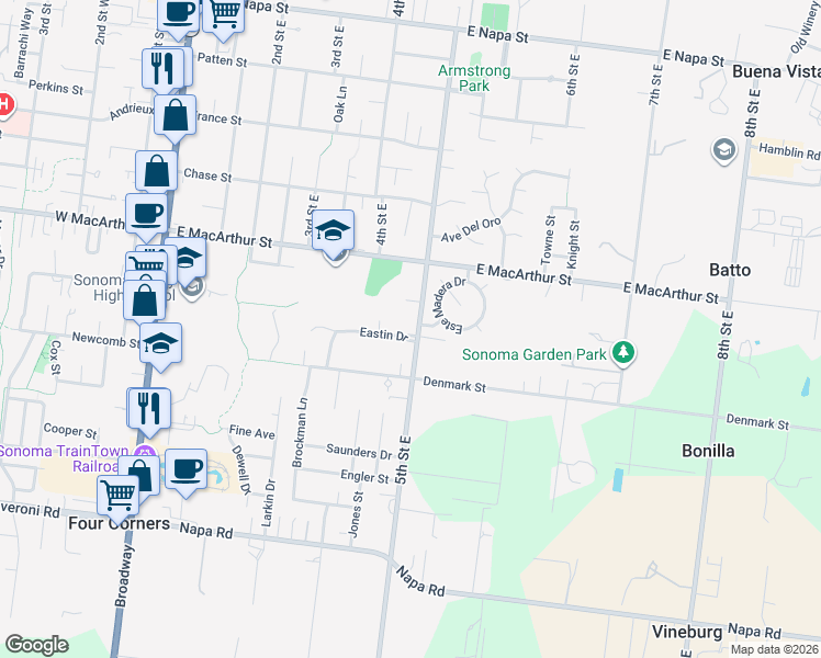 map of restaurants, bars, coffee shops, grocery stores, and more near 1025 5th Street East in Sonoma