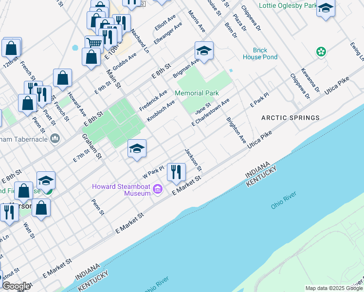 map of restaurants, bars, coffee shops, grocery stores, and more near 132 East Park Place in Jeffersonville