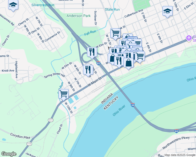 map of restaurants, bars, coffee shops, grocery stores, and more near 2 West 4th Street in New Albany