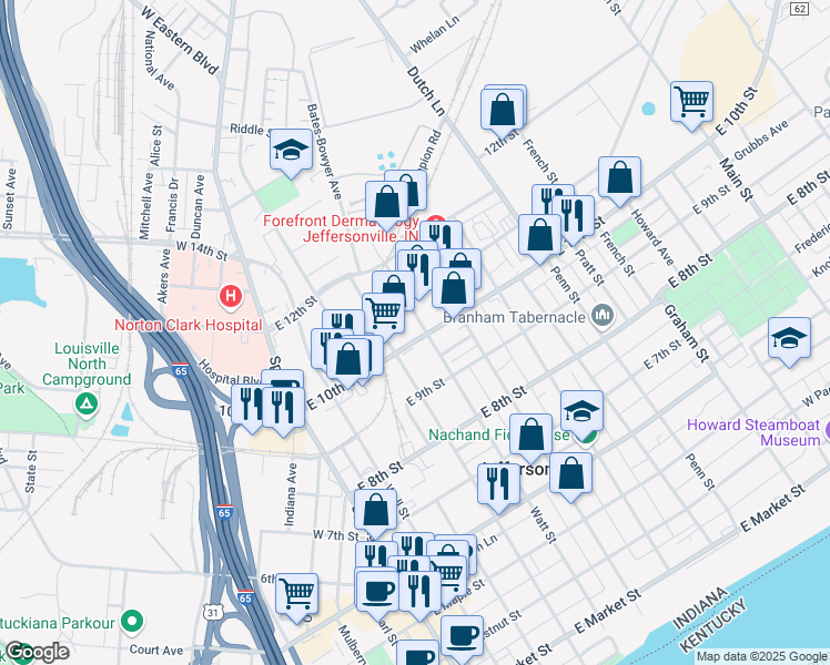 map of restaurants, bars, coffee shops, grocery stores, and more near 414-498 East 10th Street in Jeffersonville