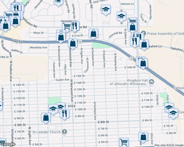 map of restaurants, bars, coffee shops, grocery stores, and more near 1503 North Portland Avenue in Pueblo
