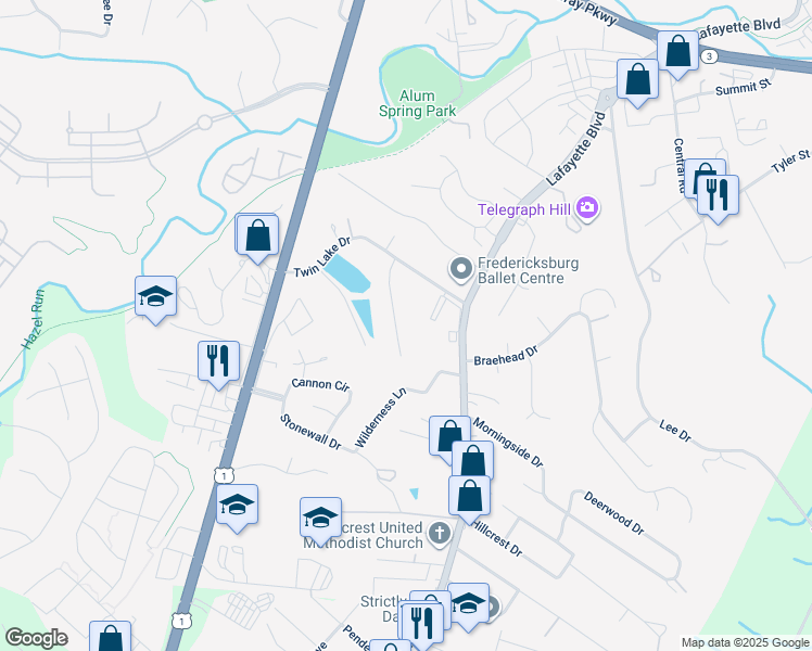 map of restaurants, bars, coffee shops, grocery stores, and more near 106 Goodloe Drive in Fredericksburg
