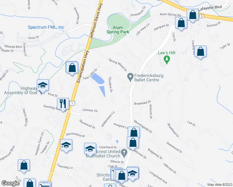 map of restaurants, bars, coffee shops, grocery stores, and more near 106 Goodloe Drive in Fredericksburg