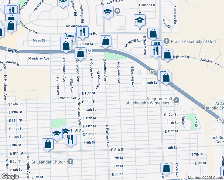 map of restaurants, bars, coffee shops, grocery stores, and more near 1730 East 15th Street in Pueblo