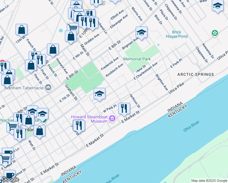 map of restaurants, bars, coffee shops, grocery stores, and more near 100 West Charlestown Avenue in Jeffersonville