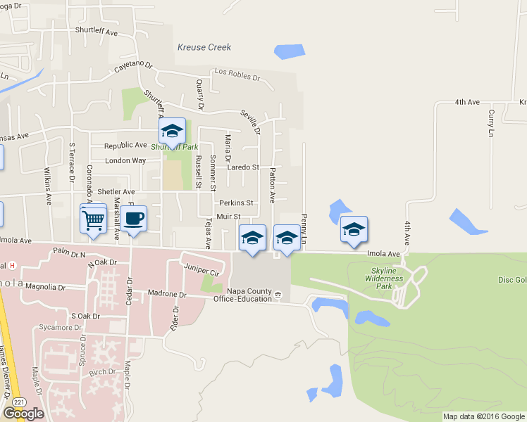 map of restaurants, bars, coffee shops, grocery stores, and more near 2126 Seville Drive in Napa