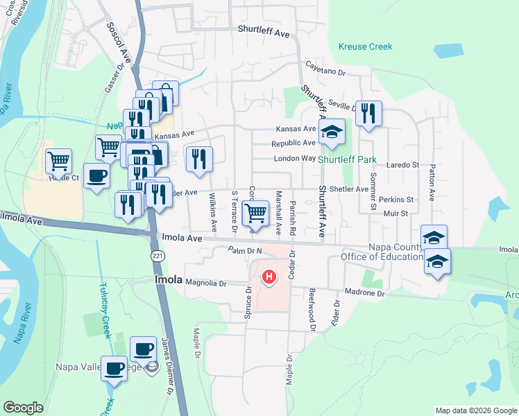 map of restaurants, bars, coffee shops, grocery stores, and more near 2160 Coronado Avenue in Napa