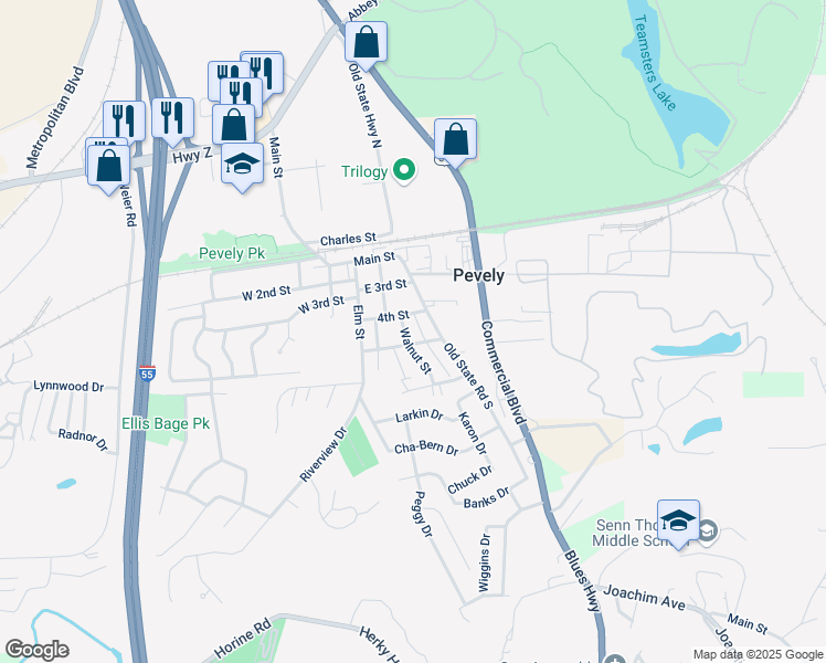 map of restaurants, bars, coffee shops, grocery stores, and more near 703 Oak Avenue in Pevely