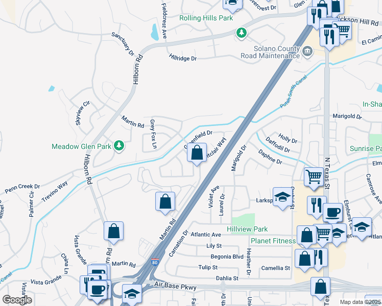 map of restaurants, bars, coffee shops, grocery stores, and more near 2766 Applewood Drive in Fairfield