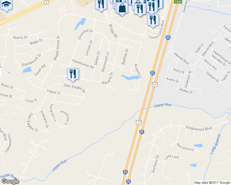 map of restaurants, bars, coffee shops, grocery stores, and more near 9 Edison Court in Fredericksburg