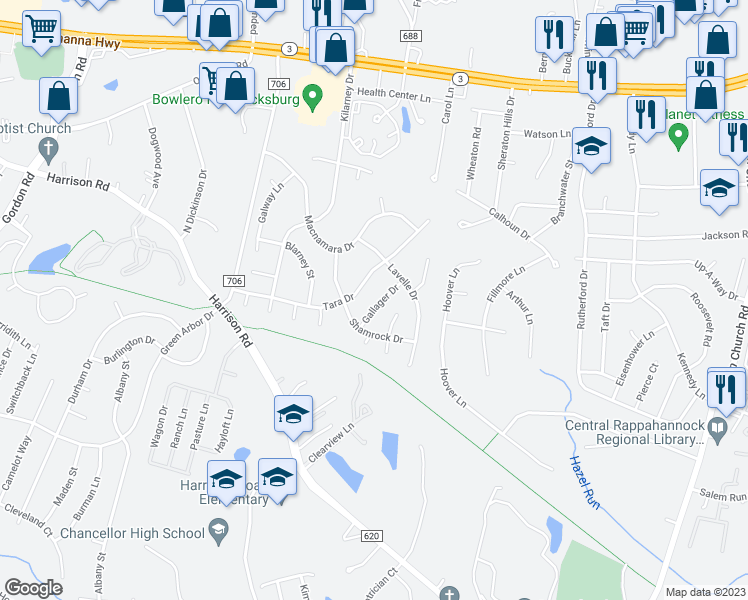 map of restaurants, bars, coffee shops, grocery stores, and more near 5065 Gallager Drive in Fredericksburg