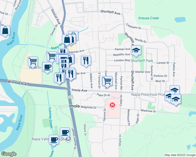 map of restaurants, bars, coffee shops, grocery stores, and more near 2163 South Terrace Drive in Napa