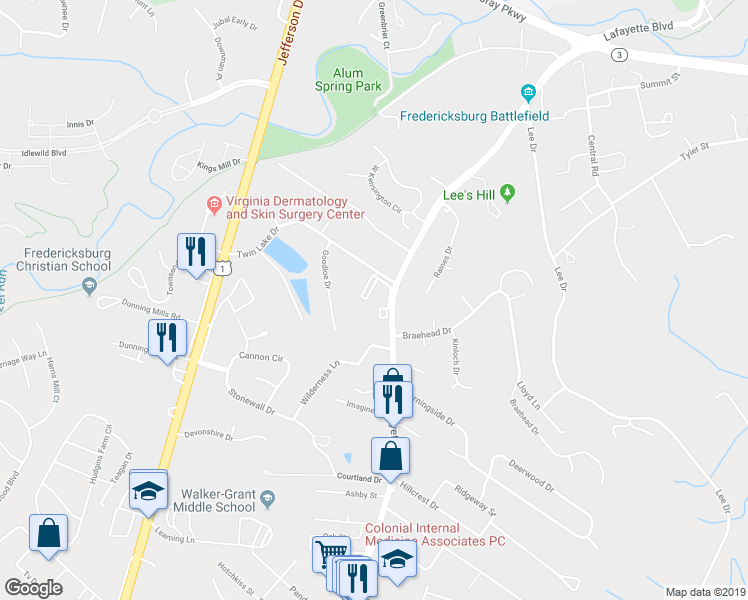 map of restaurants, bars, coffee shops, grocery stores, and more near 1700 Lafayette Boulevard in Fredericksburg