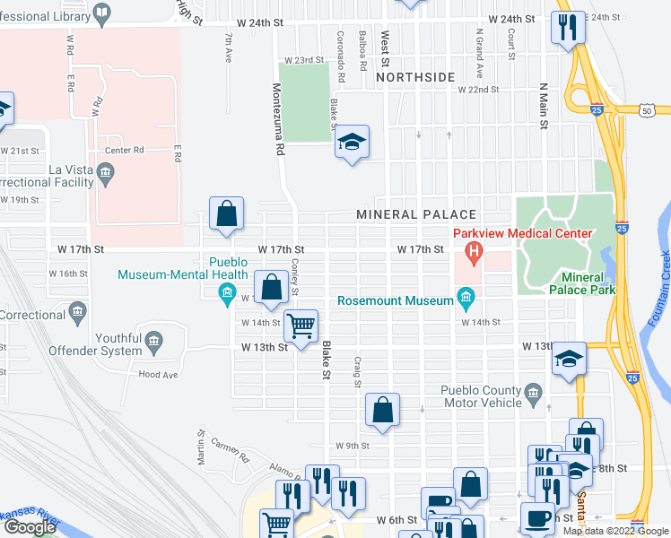 map of restaurants, bars, coffee shops, grocery stores, and more near 819 West 16th Street in Pueblo