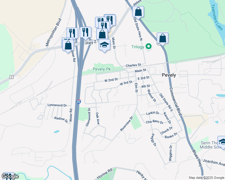 map of restaurants, bars, coffee shops, grocery stores, and more near 10103 Sunridge Trail North in Pevely