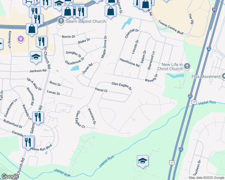 map of restaurants, bars, coffee shops, grocery stores, and more near 5415 Hazel Court in Fredericksburg