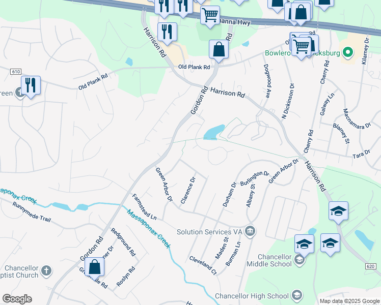 map of restaurants, bars, coffee shops, grocery stores, and more near 6606 River Birch Court in Fredericksburg
