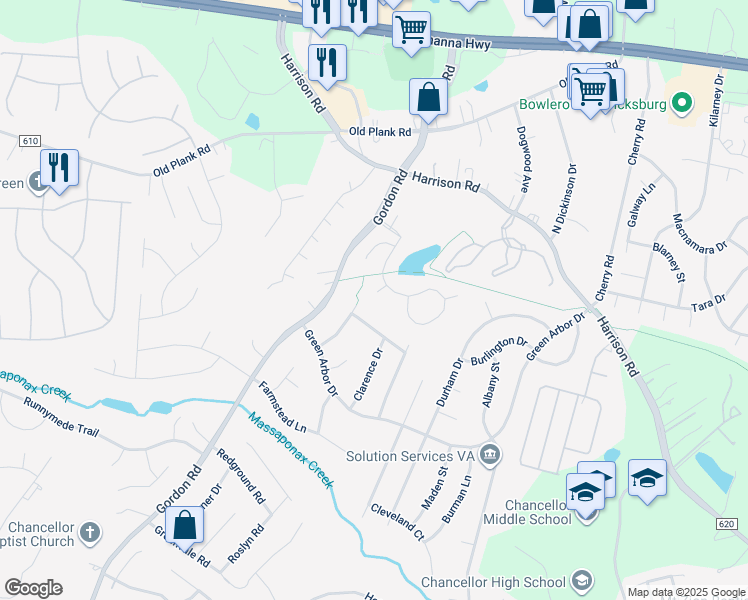 map of restaurants, bars, coffee shops, grocery stores, and more near 6606 River Birch Court in Fredericksburg