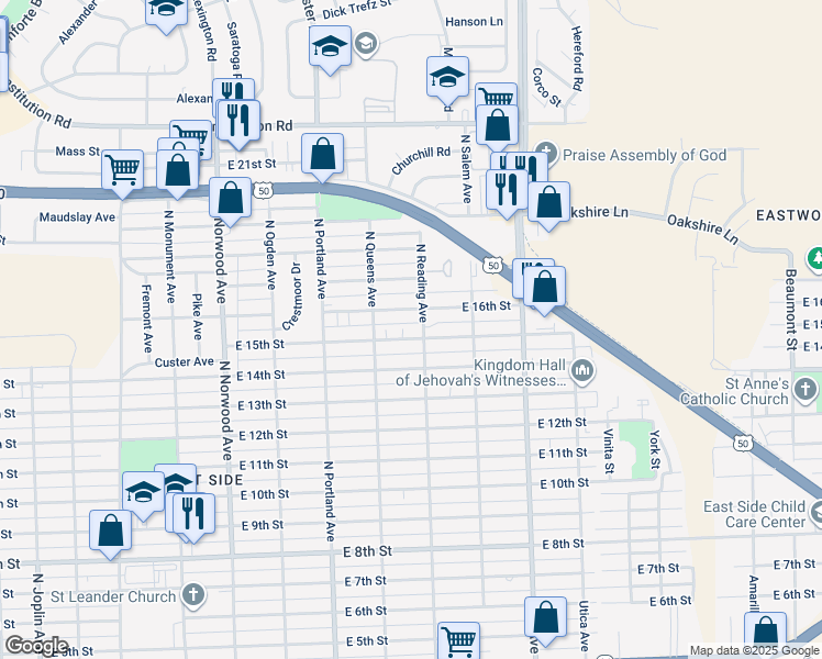 map of restaurants, bars, coffee shops, grocery stores, and more near 1814 E 15th St in Pueblo