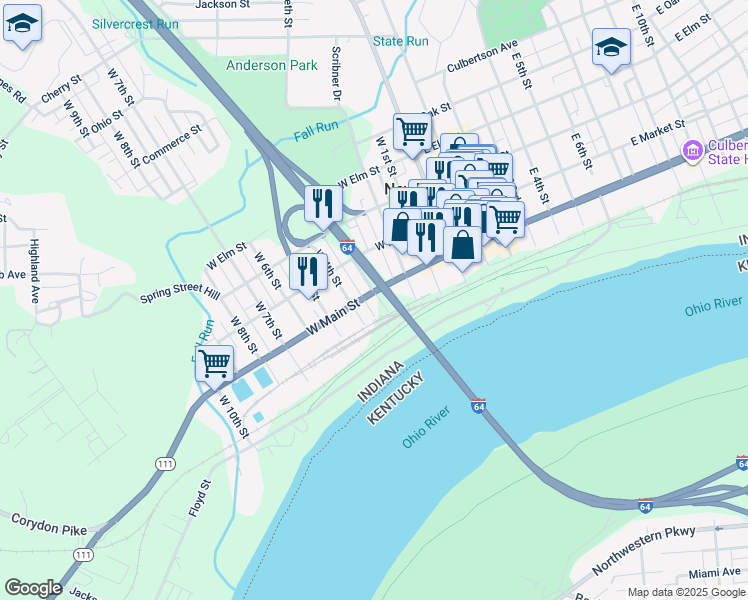 map of restaurants, bars, coffee shops, grocery stores, and more near 2-198 W 4th St in New Albany