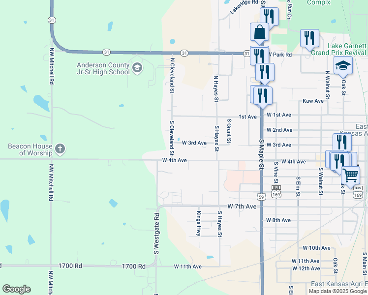 map of restaurants, bars, coffee shops, grocery stores, and more near West 4th Avenue in Garnett