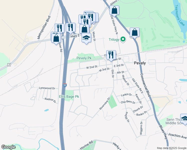 map of restaurants, bars, coffee shops, grocery stores, and more near 10103 Sunridge Trail North in Pevely