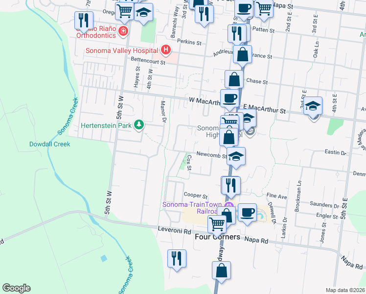 map of restaurants, bars, coffee shops, grocery stores, and more near 259 Newcomb Street in Sonoma