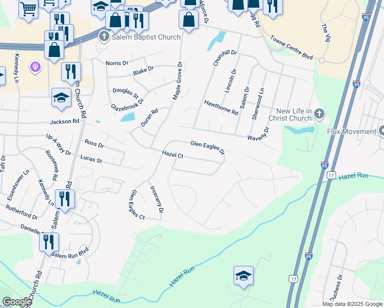 map of restaurants, bars, coffee shops, grocery stores, and more near 5415 Hazel Court in Fredericksburg