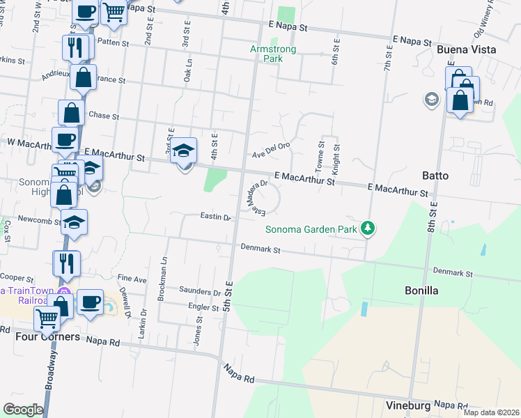 map of restaurants, bars, coffee shops, grocery stores, and more near 548 Este Madera Drive in Sonoma