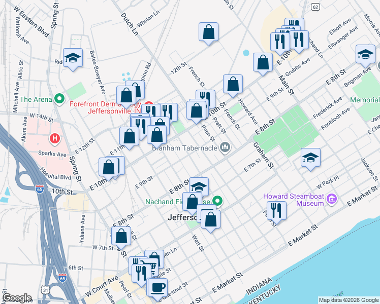 map of restaurants, bars, coffee shops, grocery stores, and more near 826 Mechanic Street in Jeffersonville